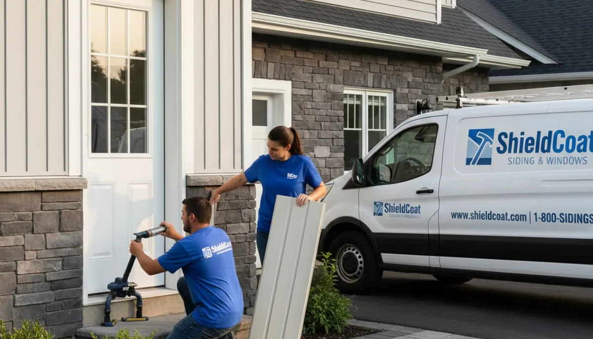 Technician repairing exterior vinyl door frame on Atlanta GA home for Next Level Exteriors service page