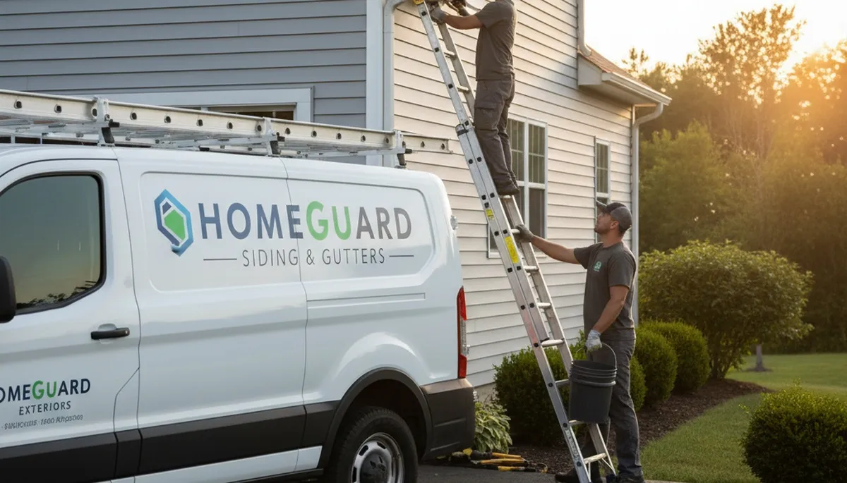 Technician repairing residential gutters and vinyl siding in Atlanta, GA for storm damage protection