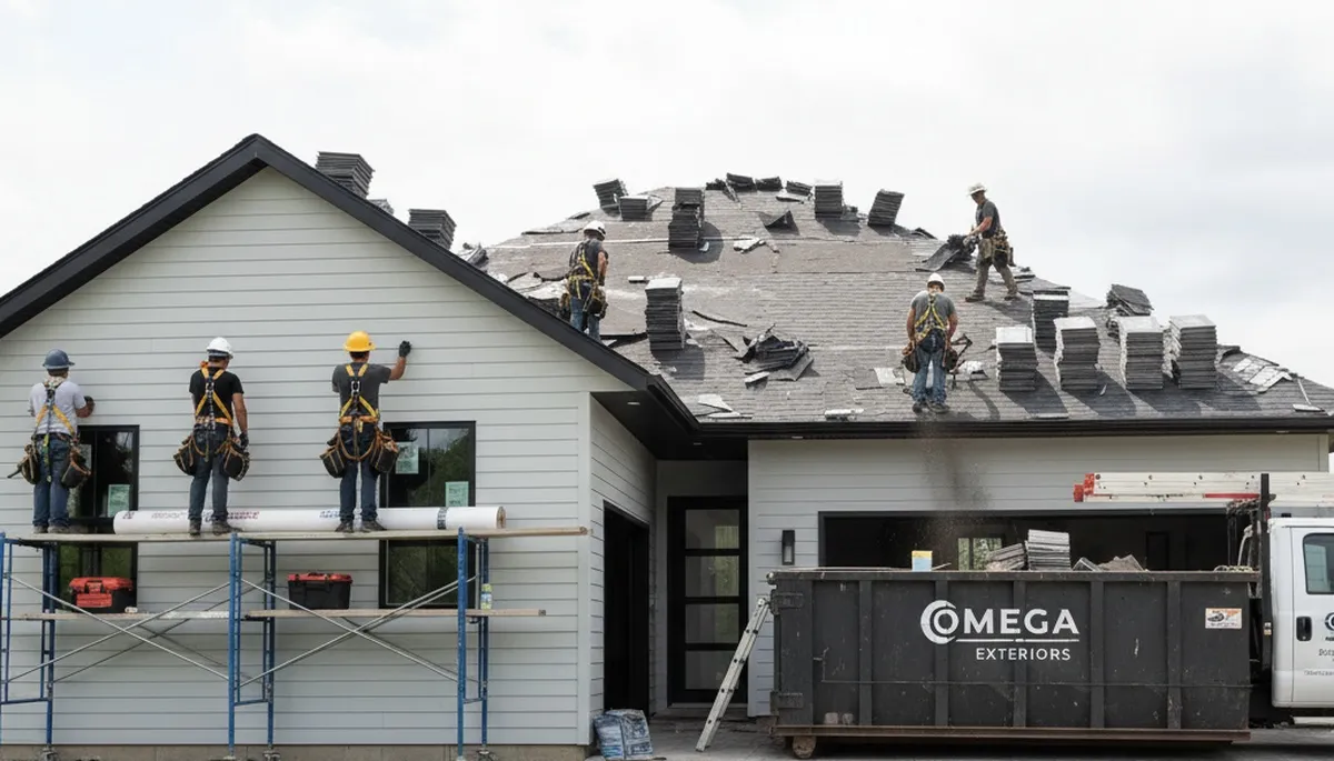 Roof replacement contractors installing new shingles on Atlanta GA home exterior