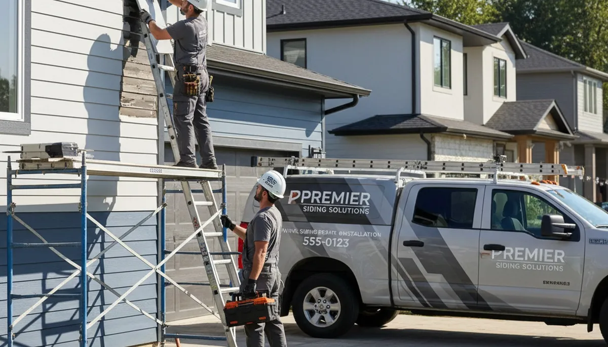 Technician repairing damaged vinyl siding on Atlanta GA home exterior