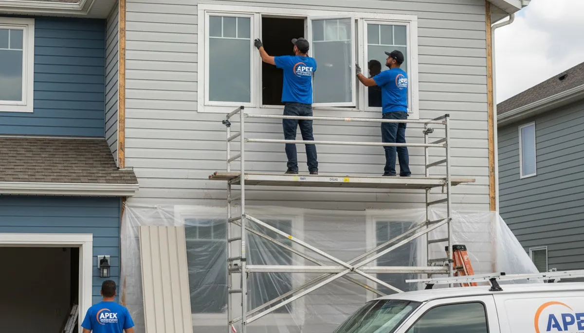 Technician repairing residential window frame in Atlanta GA for Next Level Exteriors vinyl siding service